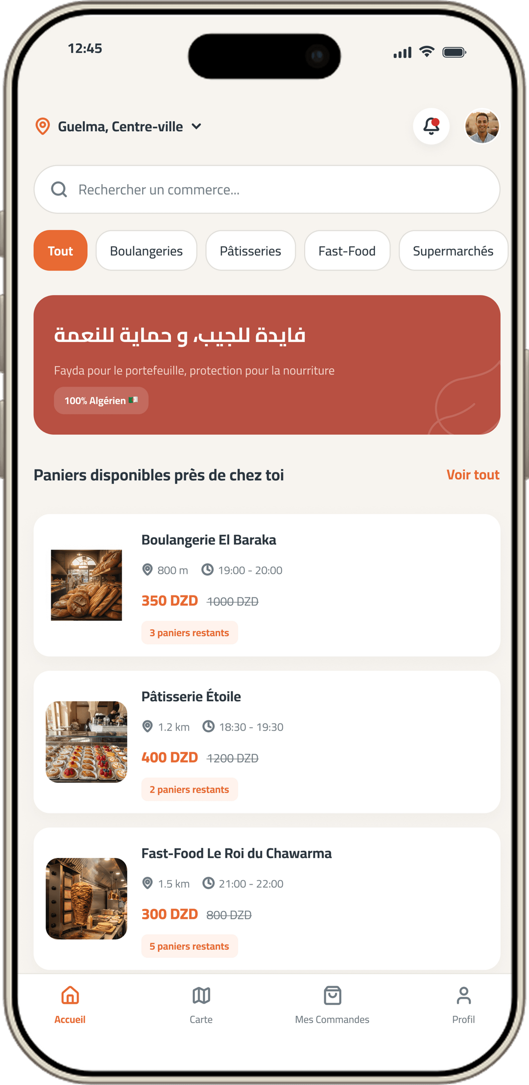 Fayda app showing anti-waste baskets available in Algiers