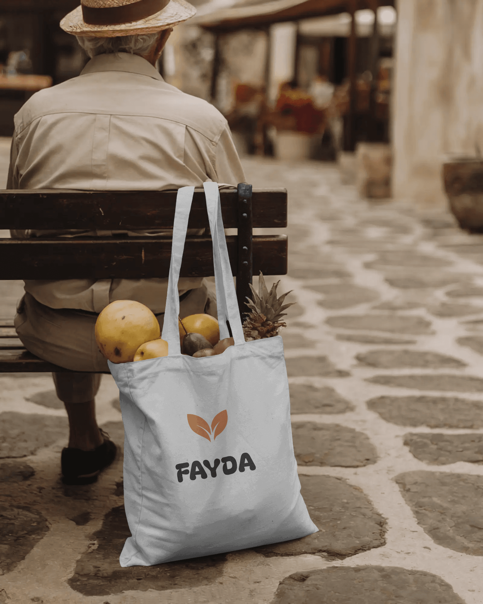 A Fayda basket given as sadaka, carried by an elderly person on a bench